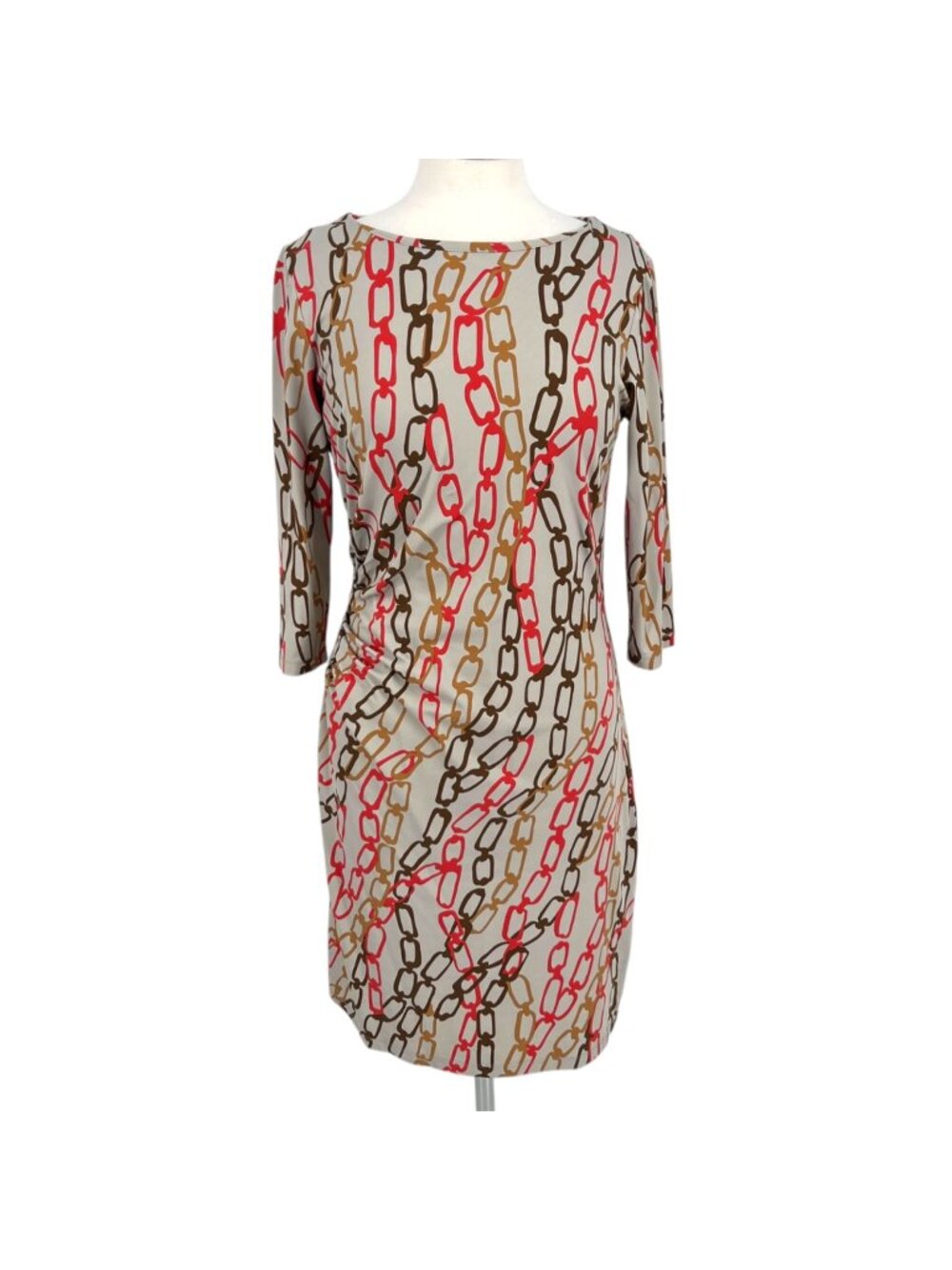 J. McLaughlin Chain Print Dress 3/4 Sleeve Draped Waist Gray Multi Size Medium